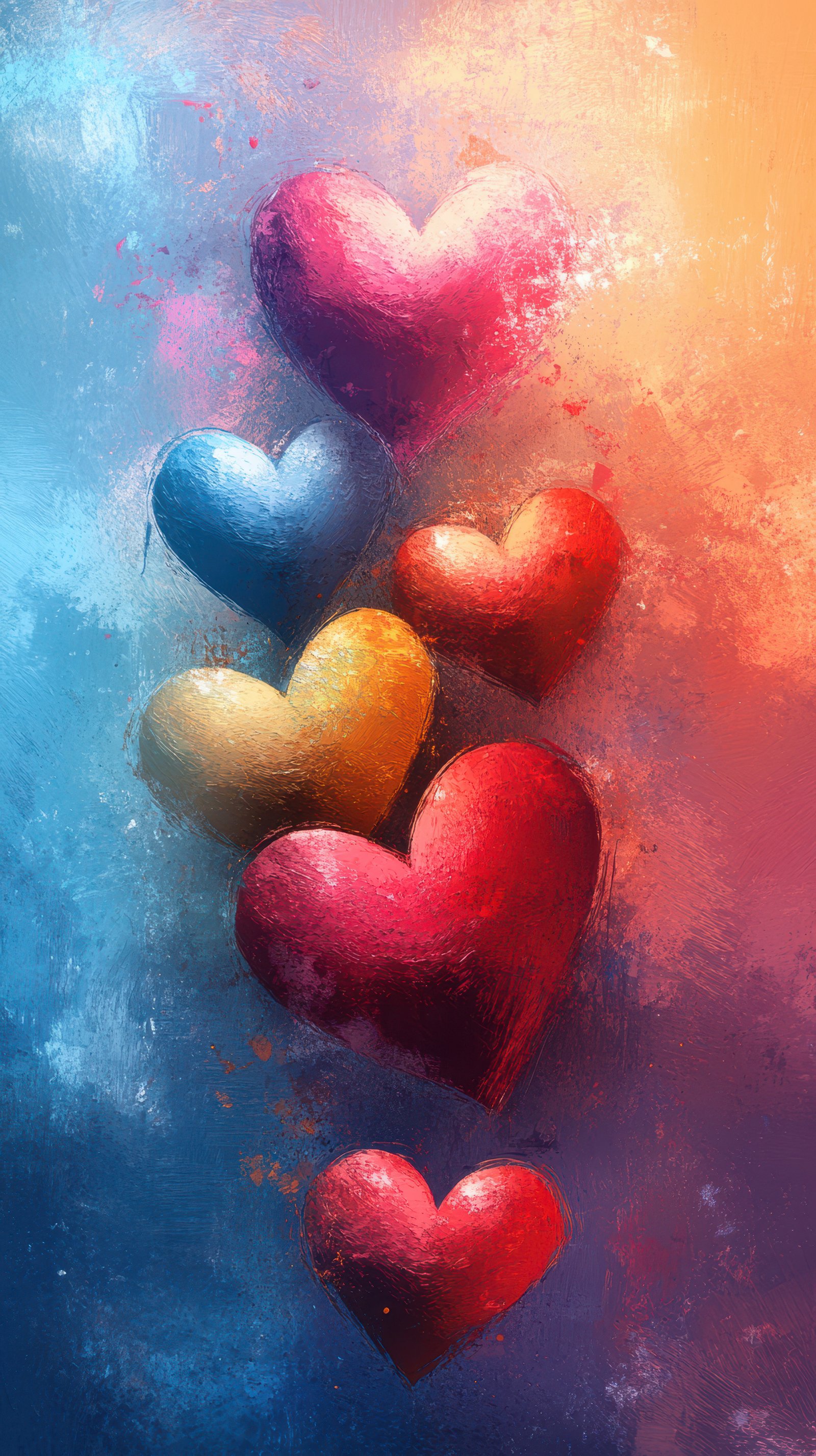 Colorful hearts floating abstractly in a vibrant blue and orange background